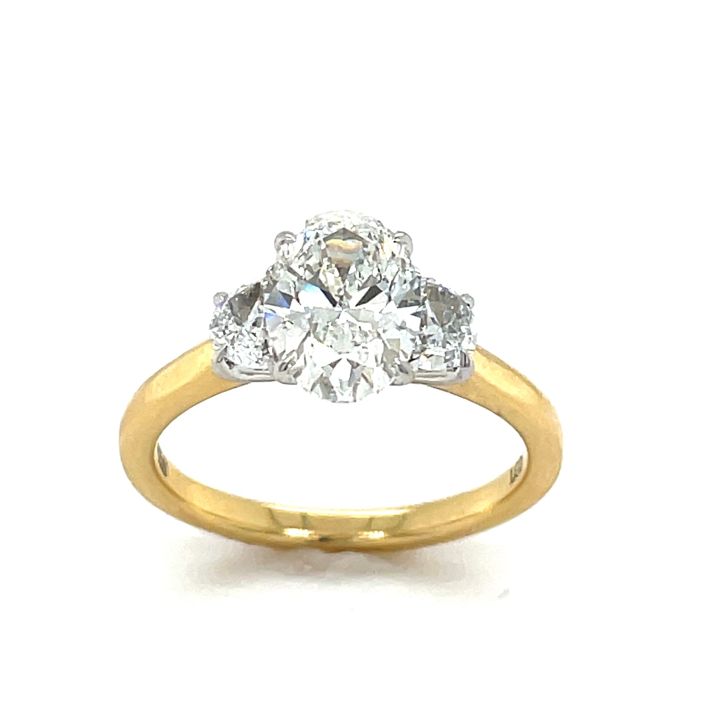 18ct Yellow Gold Oval and Demilune Cut Three Stone Cultured Diamond Ring 2.35ct