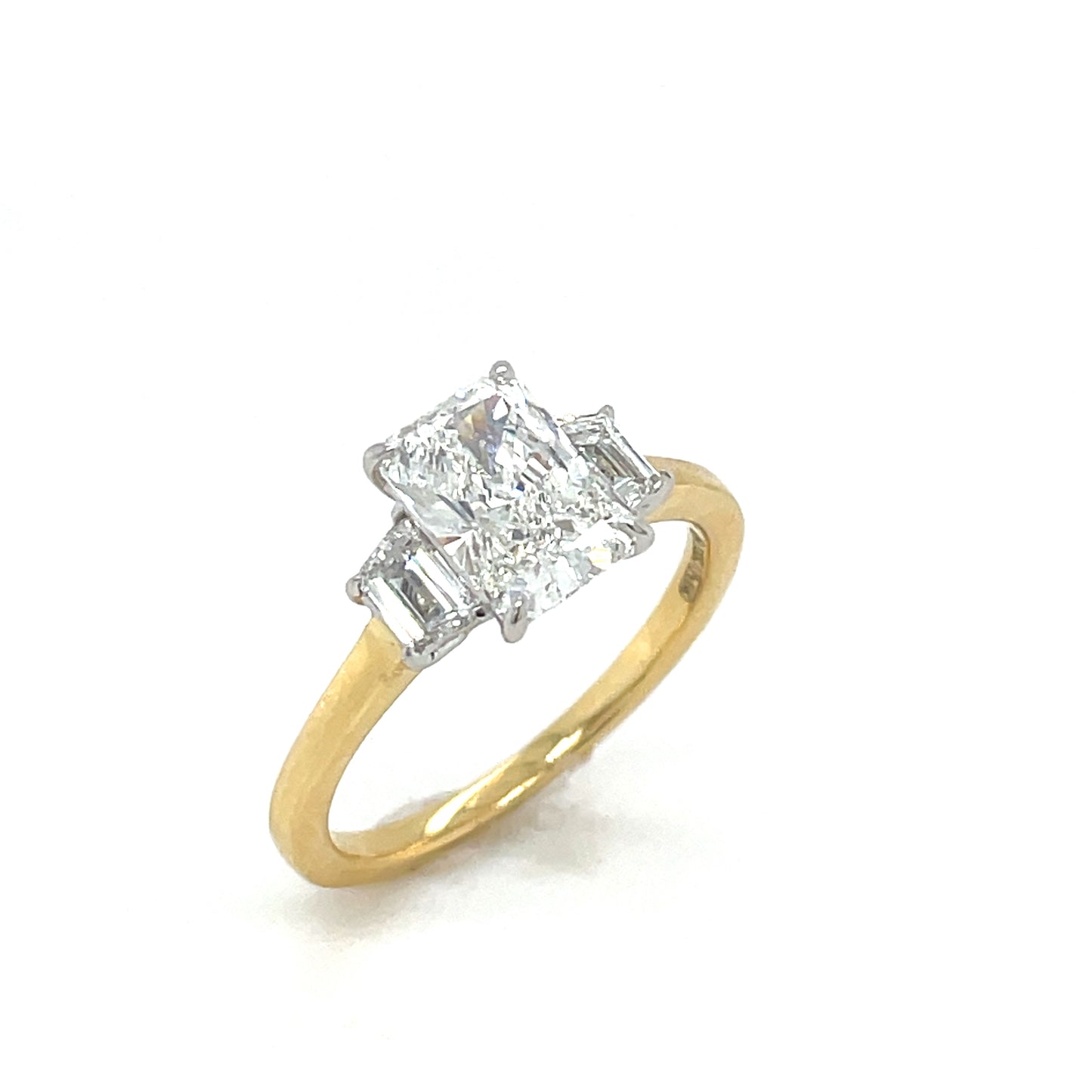18ct Yellow Gold Radiant Cut Cultured Diamond Ring With Tapered Baguette Cut Shoulders 1.87ct