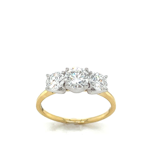 18ct Yellow Gold Three Stone Round Brilliant Cultured Diamond Ring 1.50ct