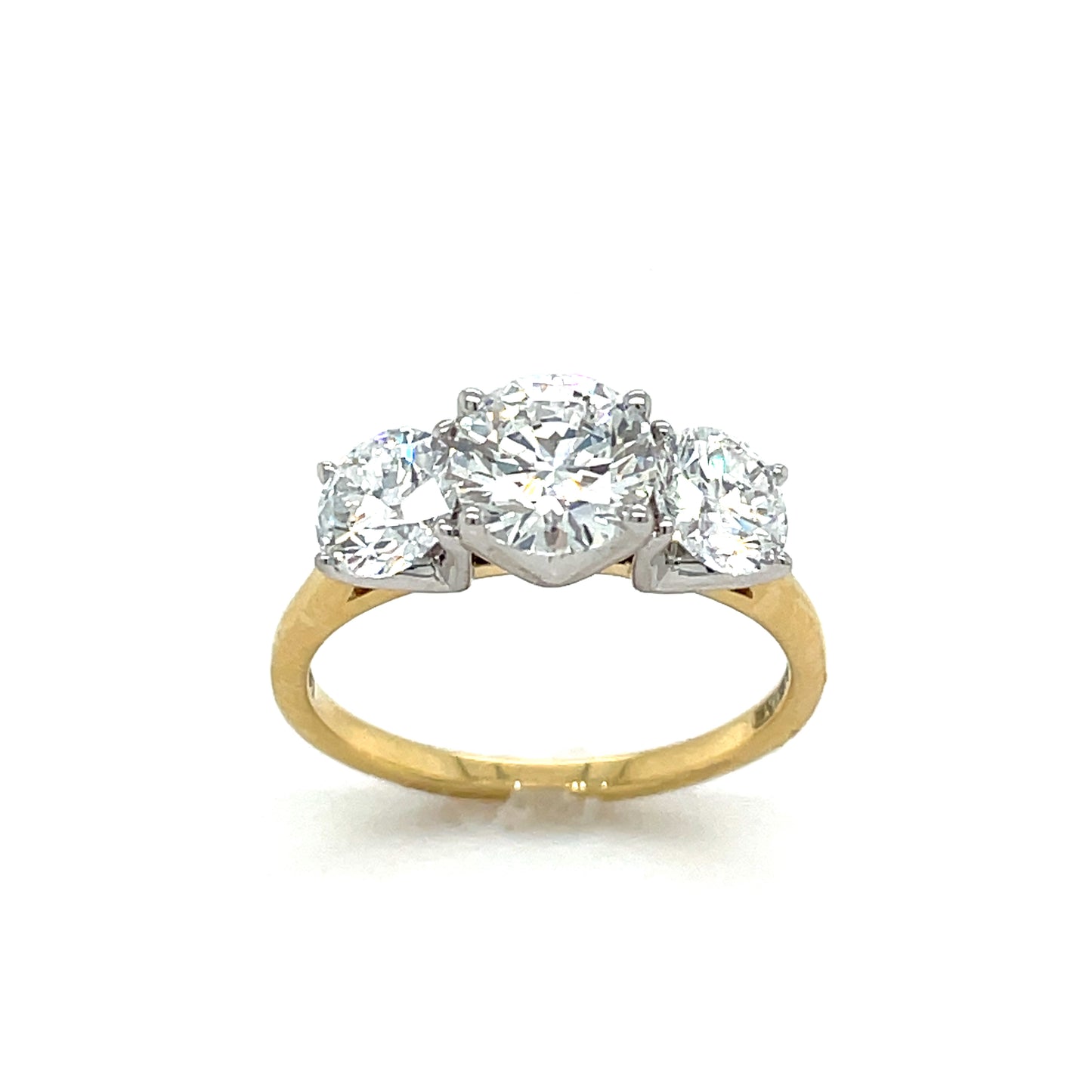 18ct Yellow Gold Three Stone Round Brilliant Cultured Diamond Ring 2.09ct