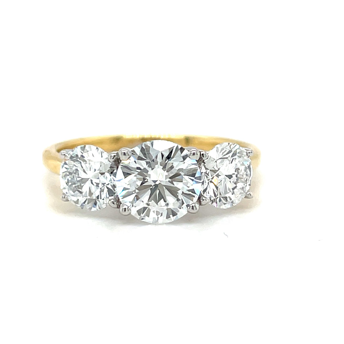 18ct Yellow Gold Three Stone Round Brilliant Cultured Diamond Ring 2.09ct