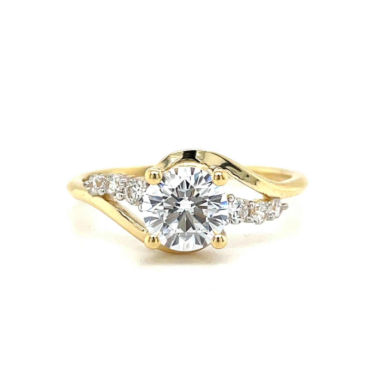 9ct Yellow Gold Round CZ Solitaire Ring with Swirl CZ Set Shoulders