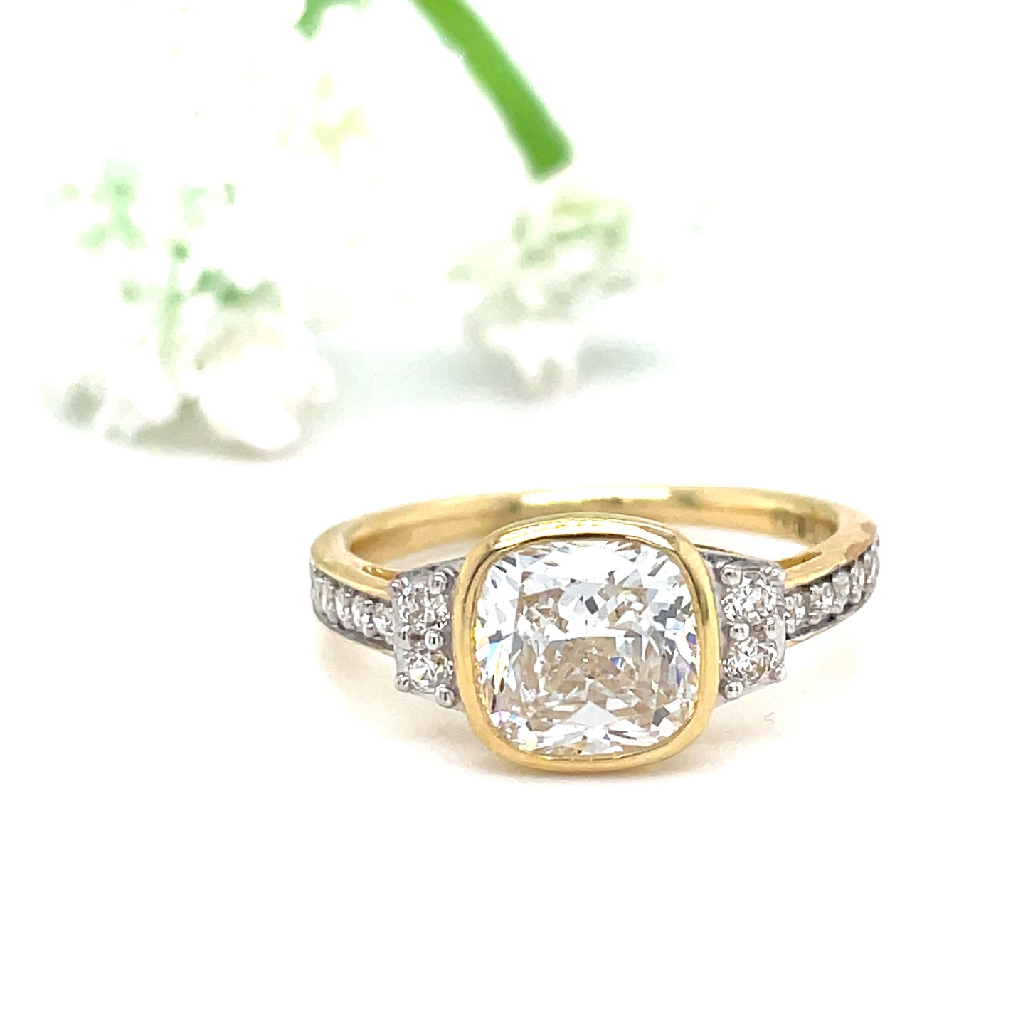 9ct Yellow Gold Rubover Cushion Cut Solitaire CZ Ring with CZ Set Shoulders