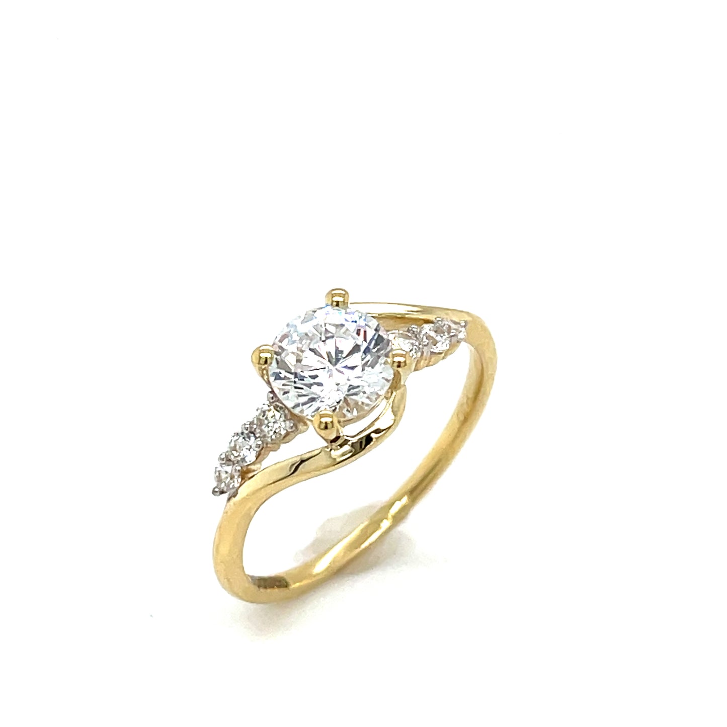 9ct Yellow Gold Round CZ Solitaire Ring with Swirl CZ Set Shoulders