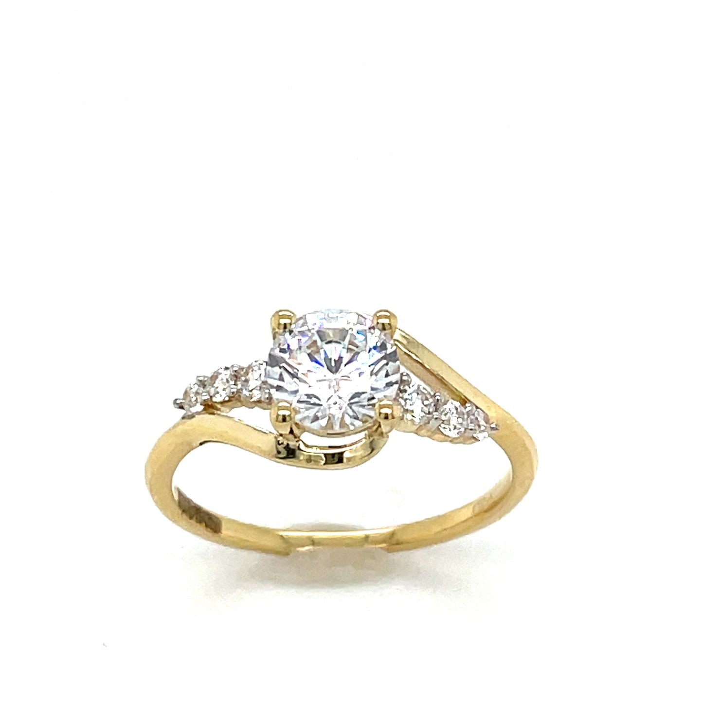 9ct Yellow Gold Round CZ Solitaire Ring with Swirl CZ Set Shoulders