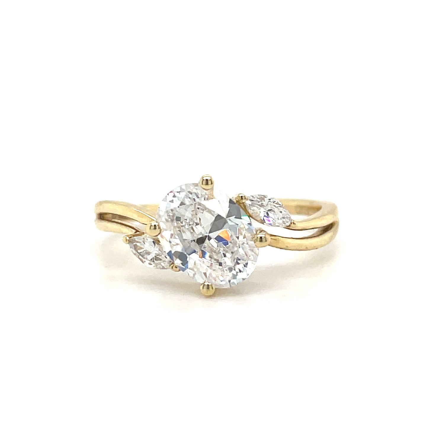 9ct Yellow Gold Oval CZ Ring with Marquis Cut CZ Shoulders