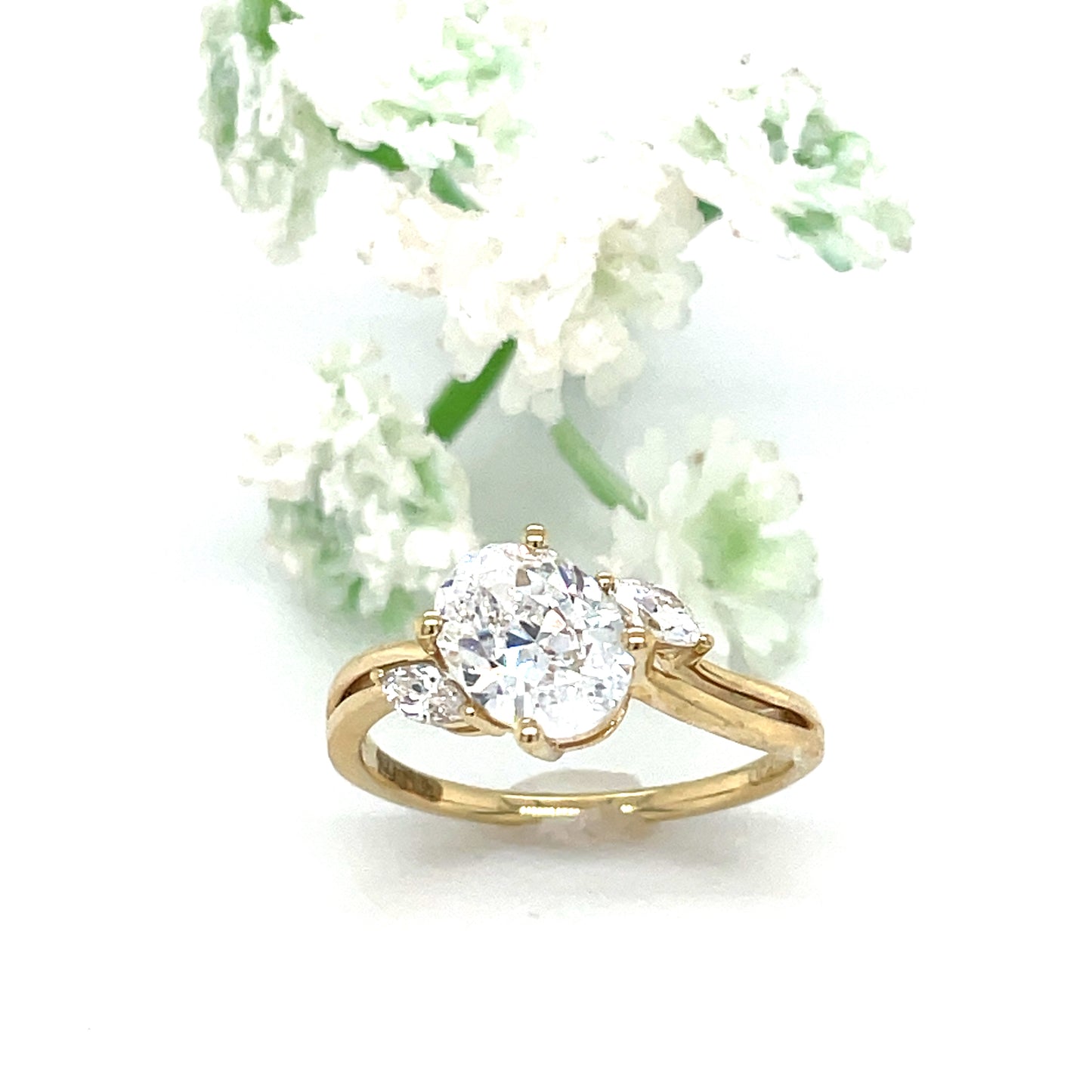 9ct Yellow Gold Oval CZ Ring with Marquis Cut CZ Shoulders