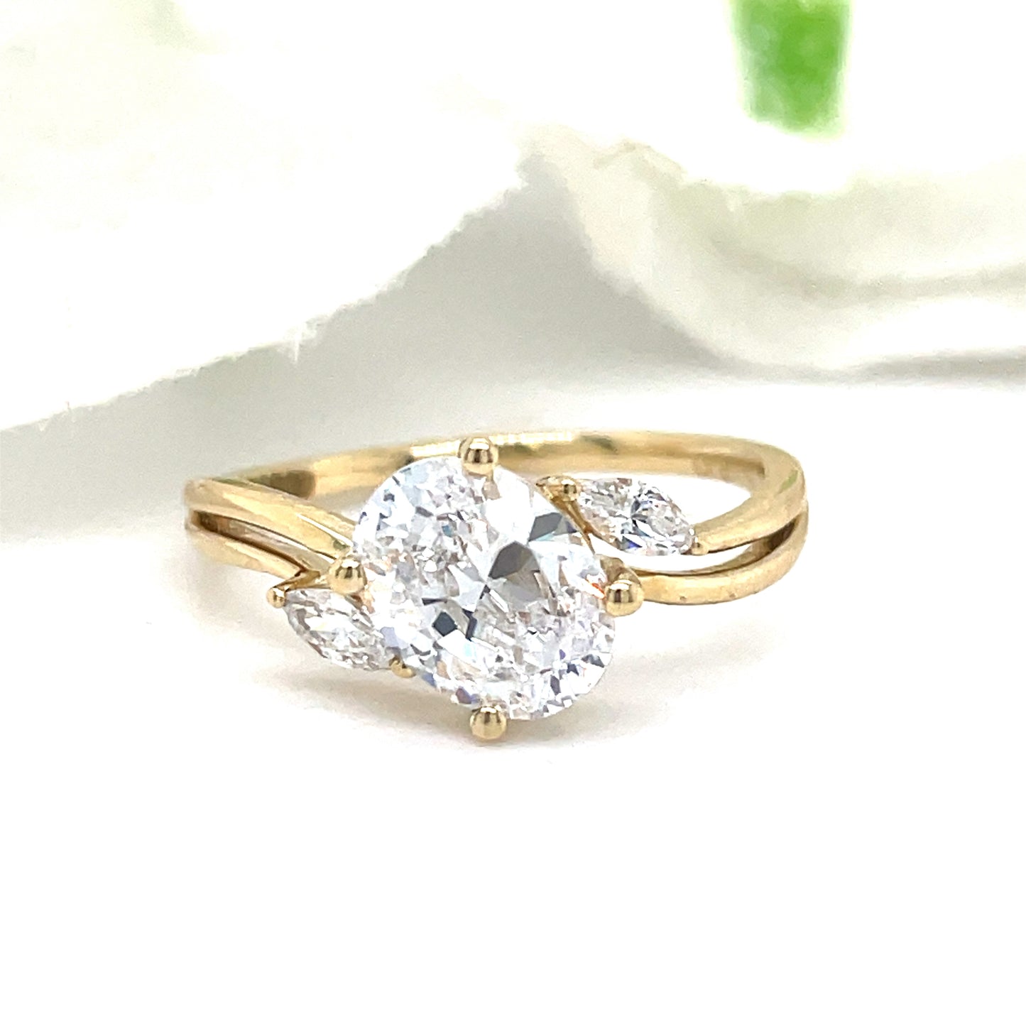 9ct Yellow Gold Oval CZ Ring with Marquis Cut CZ Shoulders