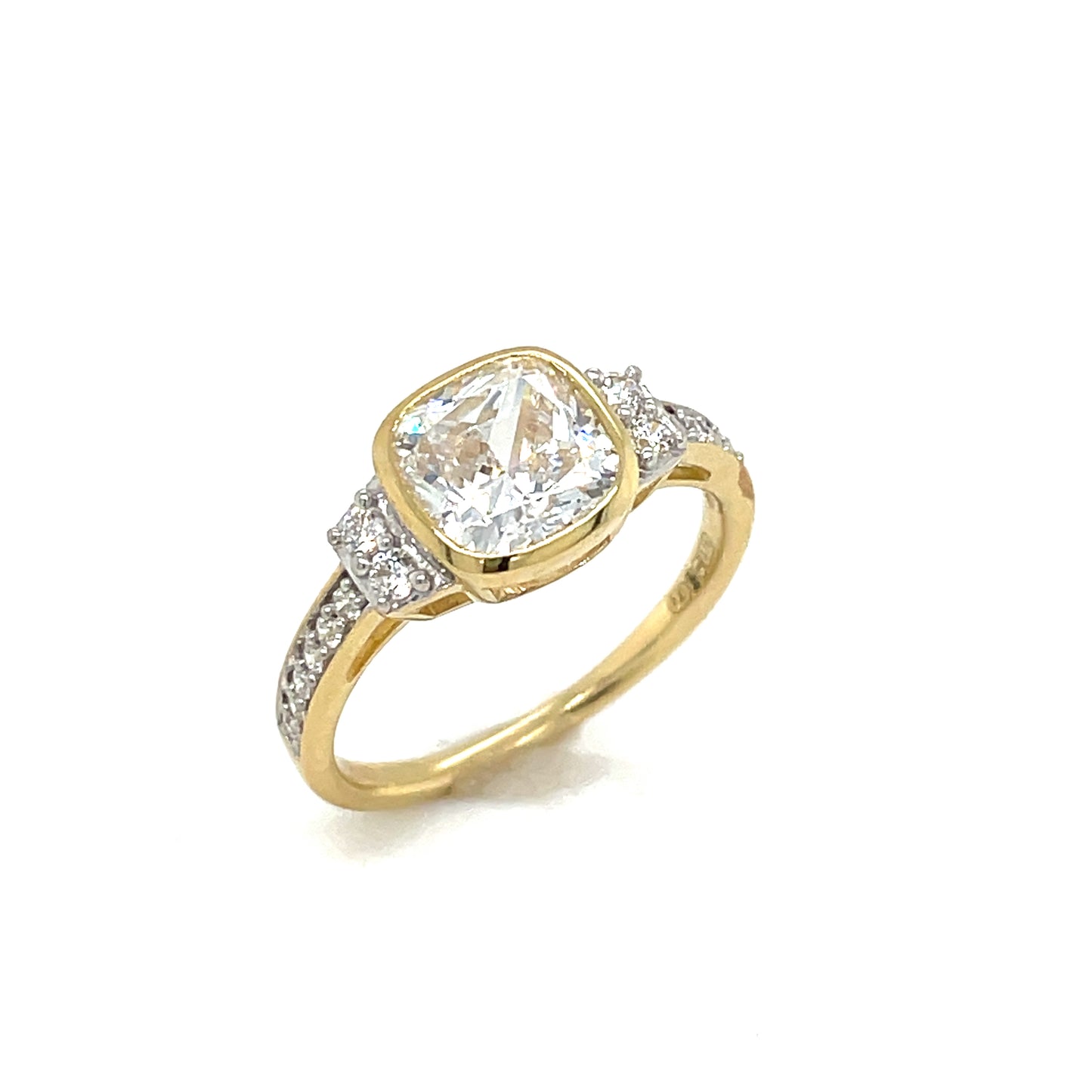 9ct Yellow Gold Rubover Cushion Cut Solitaire CZ Ring with CZ Set Shoulders