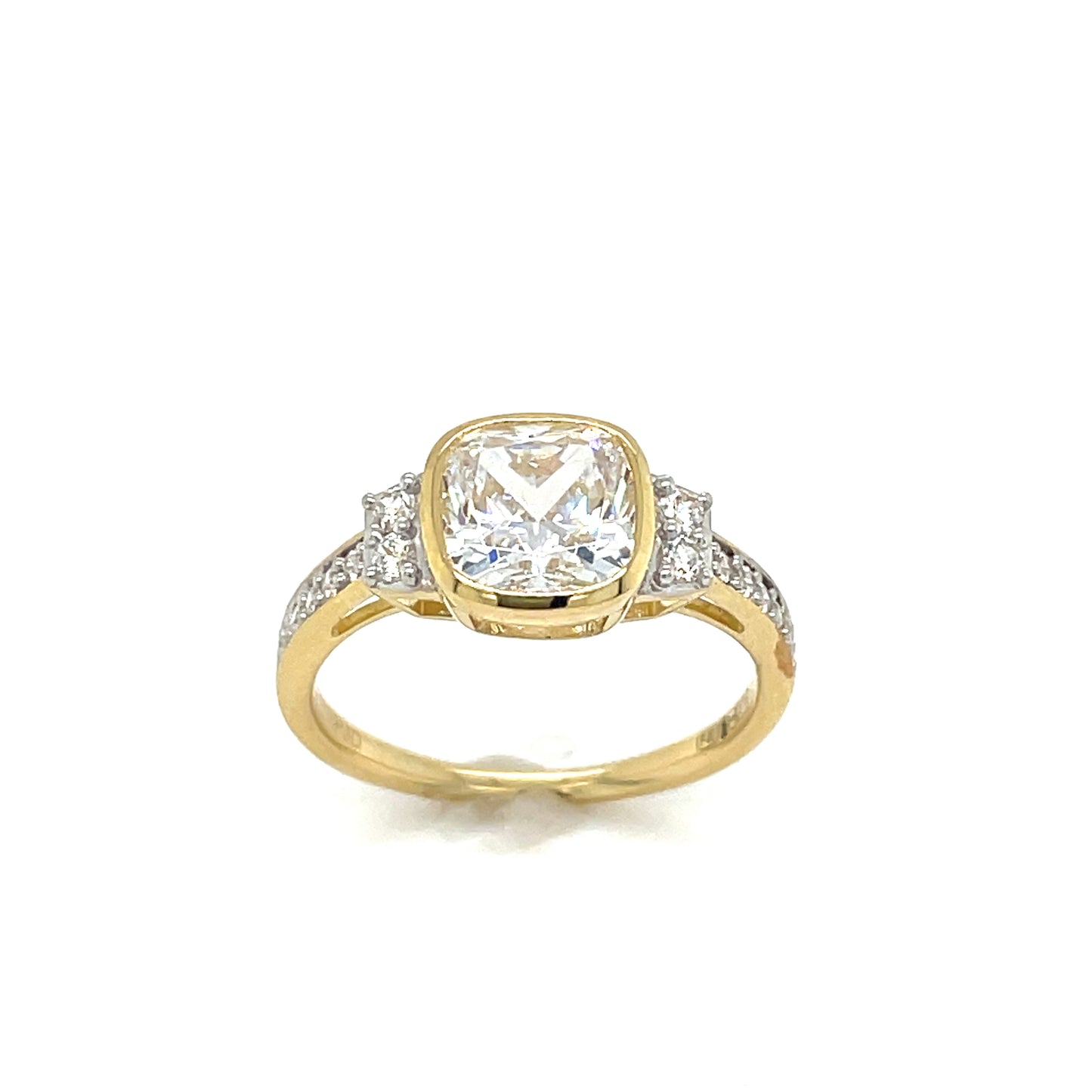 9ct Yellow Gold Rubover Cushion Cut Solitaire CZ Ring with CZ Set Shoulders