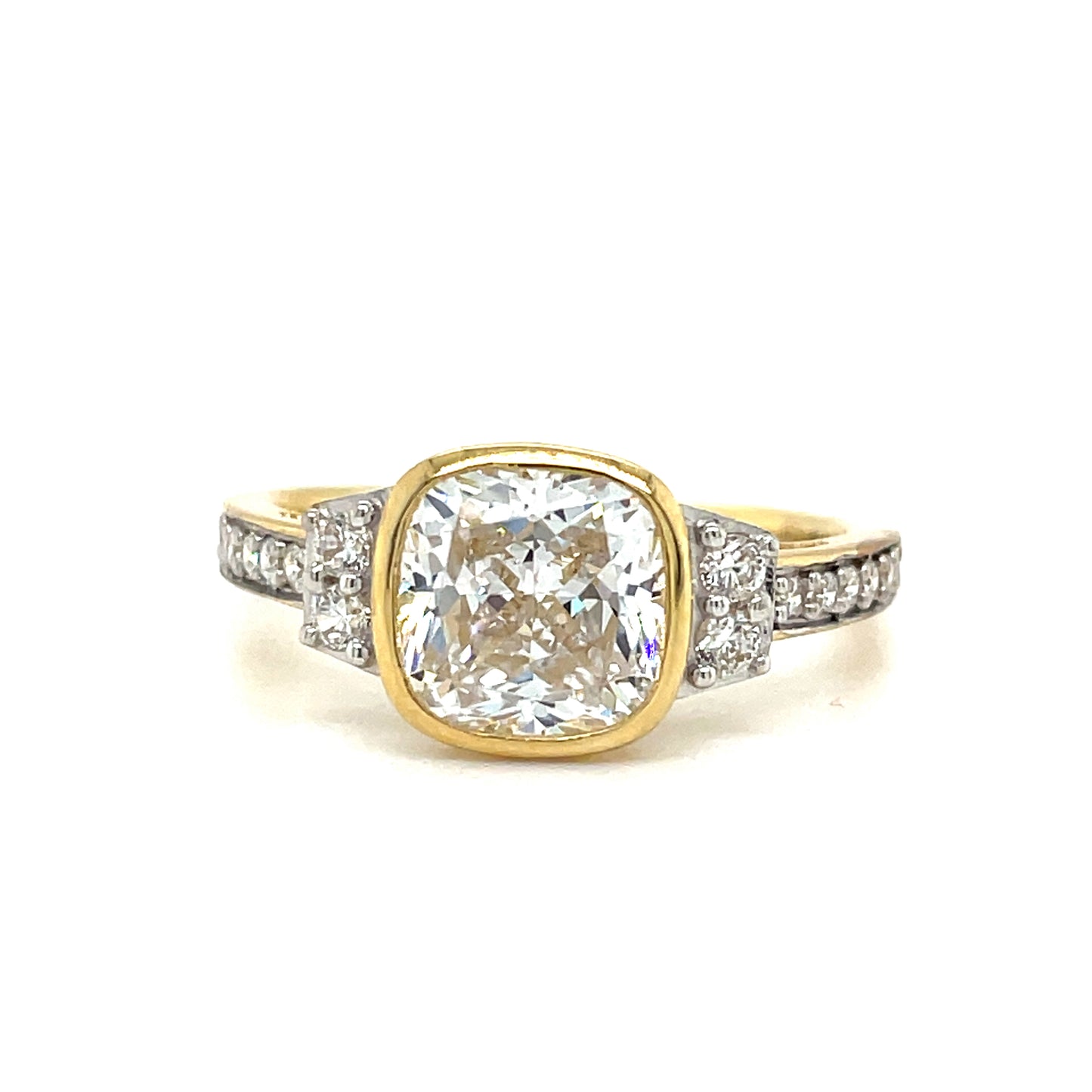 9ct Yellow Gold Rubover Cushion Cut Solitaire CZ Ring with CZ Set Shoulders