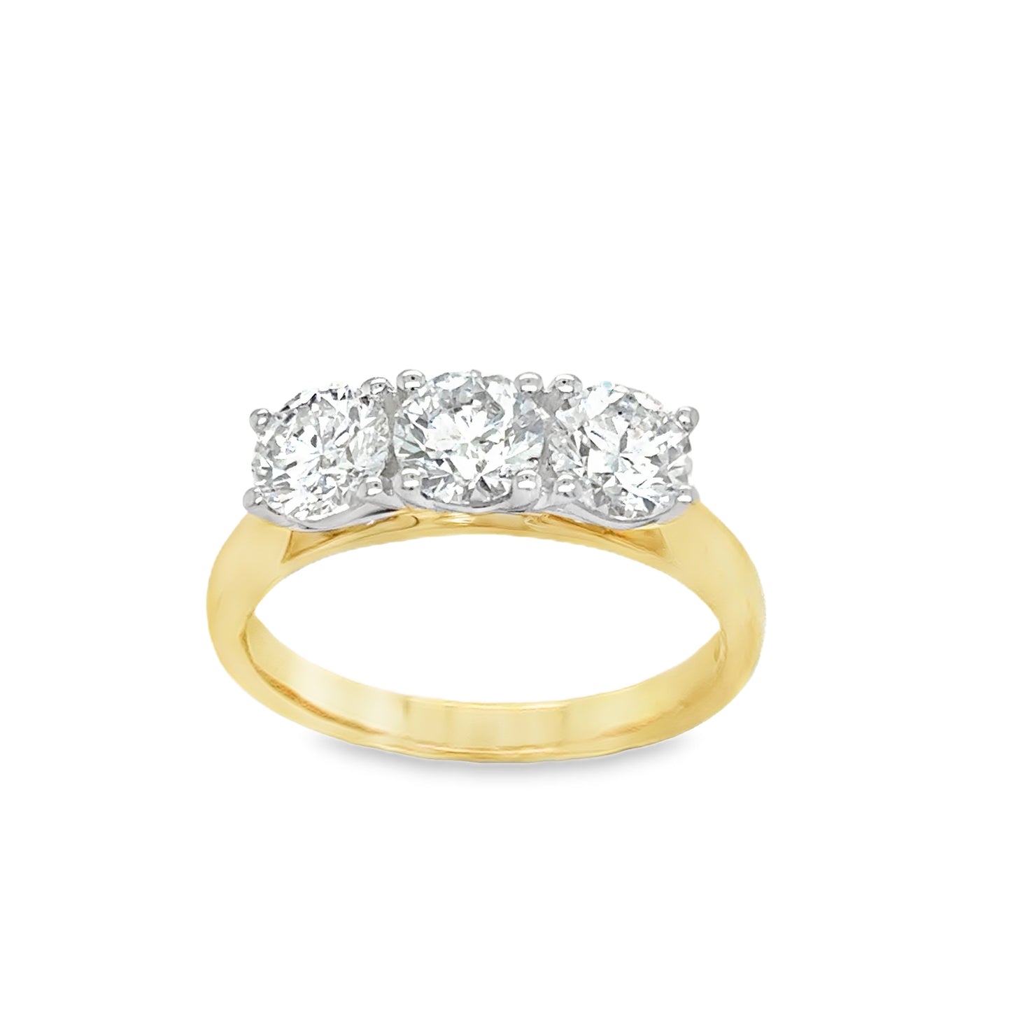 9ct Yellow Gold Three Stone Round Brilliant Four Claw Cultured Diamond Ring 1.50ct