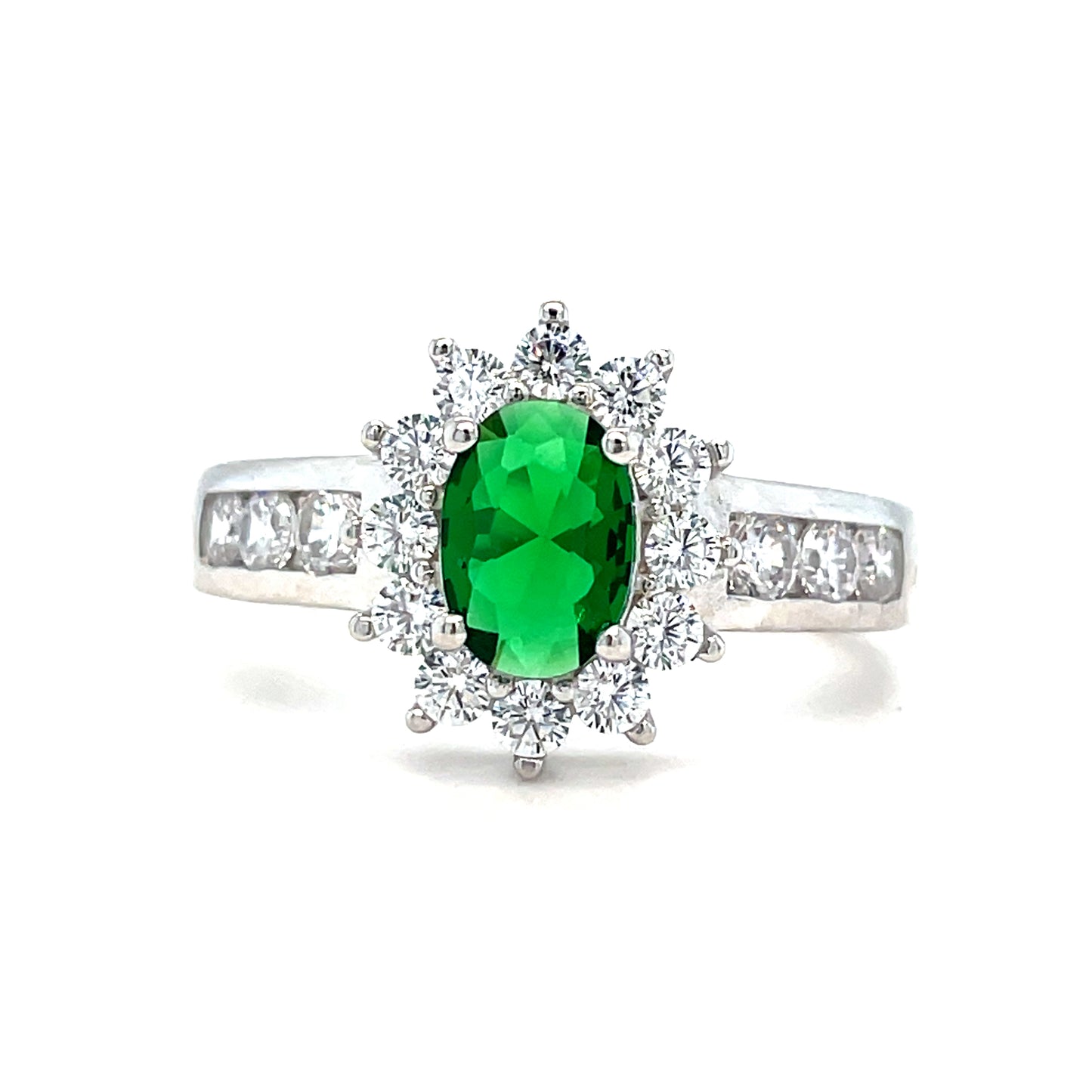 Sterling Silver Green Stone Cubic Zirconia Cluster Ring