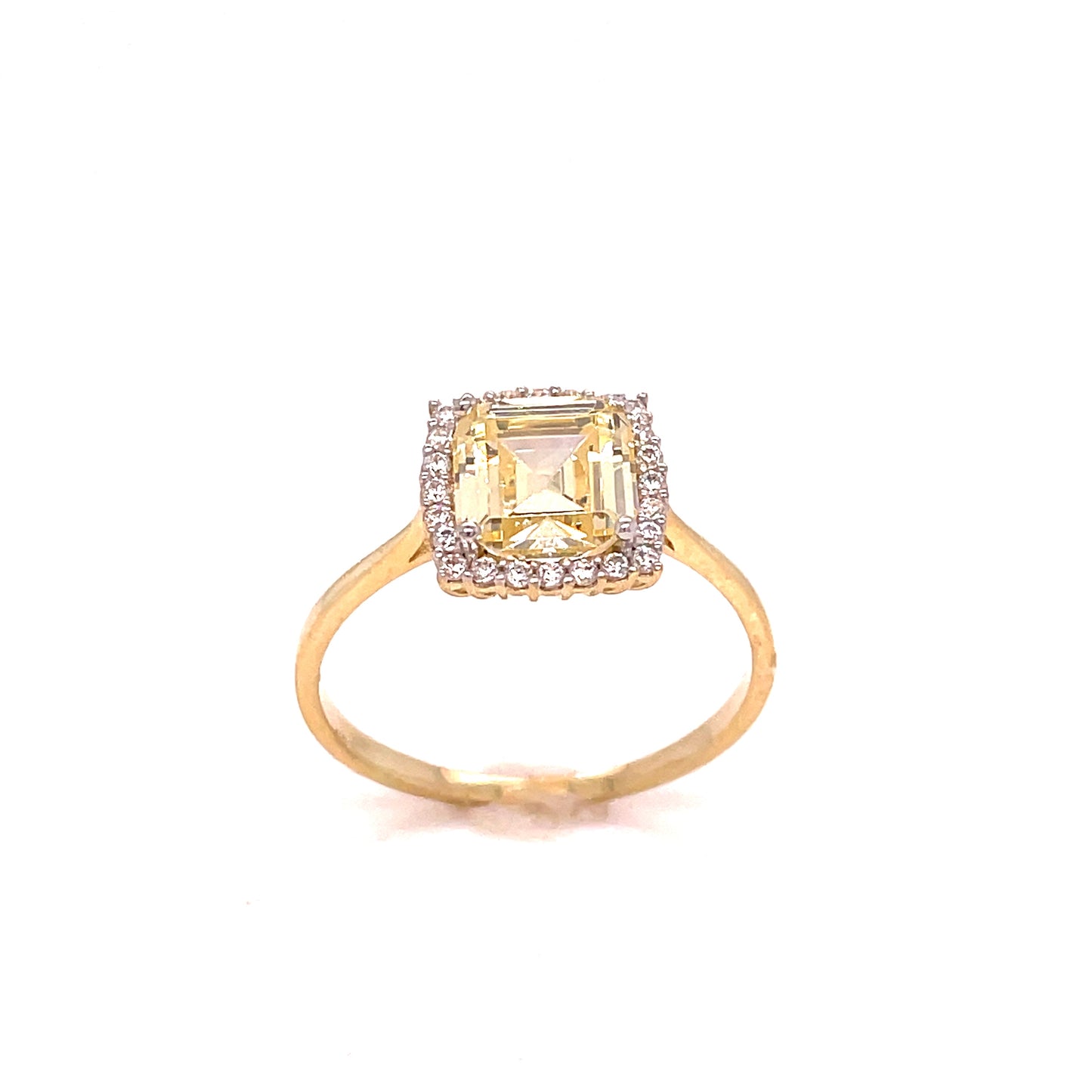 9ct Yellow Gold Yellow Centre Stone With White Cubic Zirconia Halo Set Ring