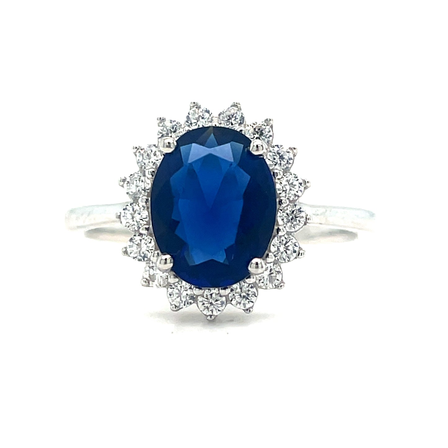 Sterling Silver Cubic Zirconia/Blue Oval Cluster Ring