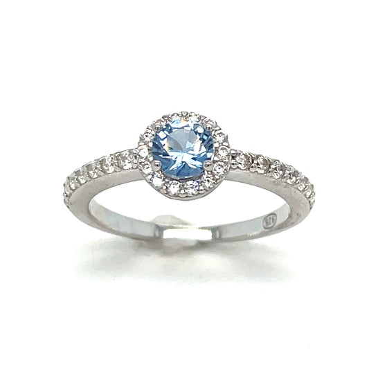 Sterling Silver Light BLue CZ Solitaire with White CZ Halo and Shoulders