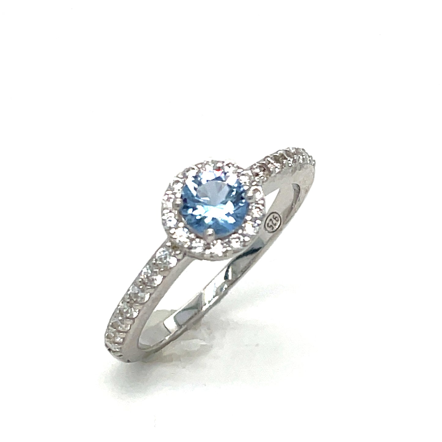 Sterling Silver Light BLue CZ Solitaire with White CZ Halo and Shoulders