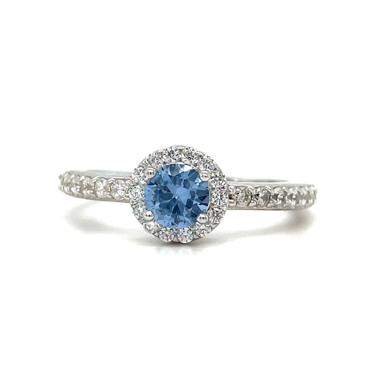 Sterling Silver Light BLue CZ Solitaire with White CZ Halo and Shoulders