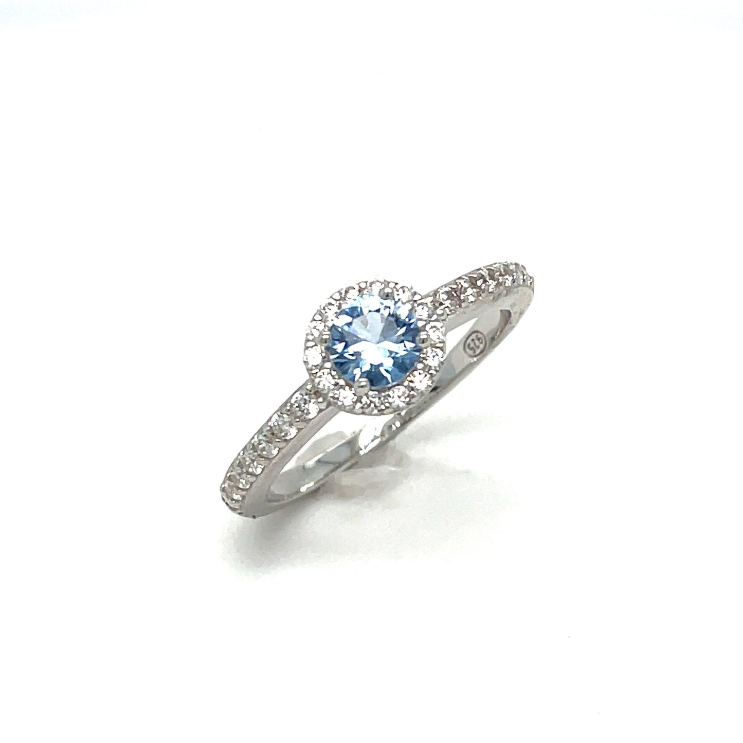 Sterling Silver Light BLue CZ Solitaire with White CZ Halo and Shoulders