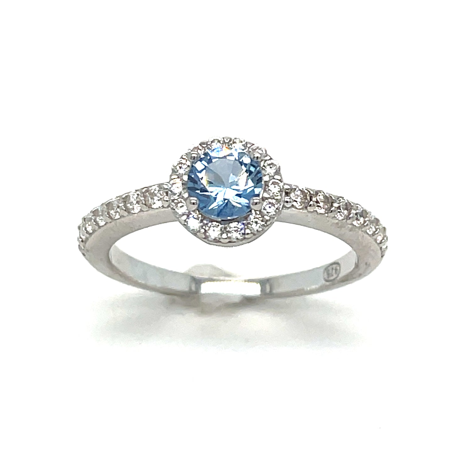 Sterling Silver Light BLue CZ Solitaire with White CZ Halo and Shoulders