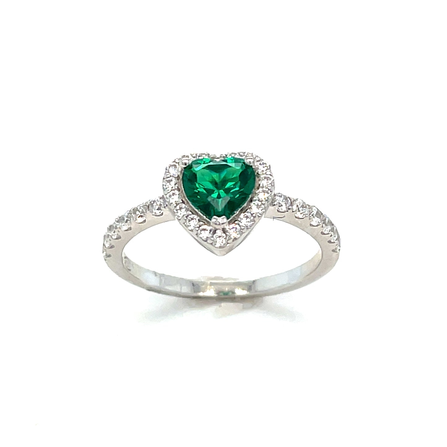 Sterling Silver Green CZ Heart Ring With White CZ Halo and Shoulders