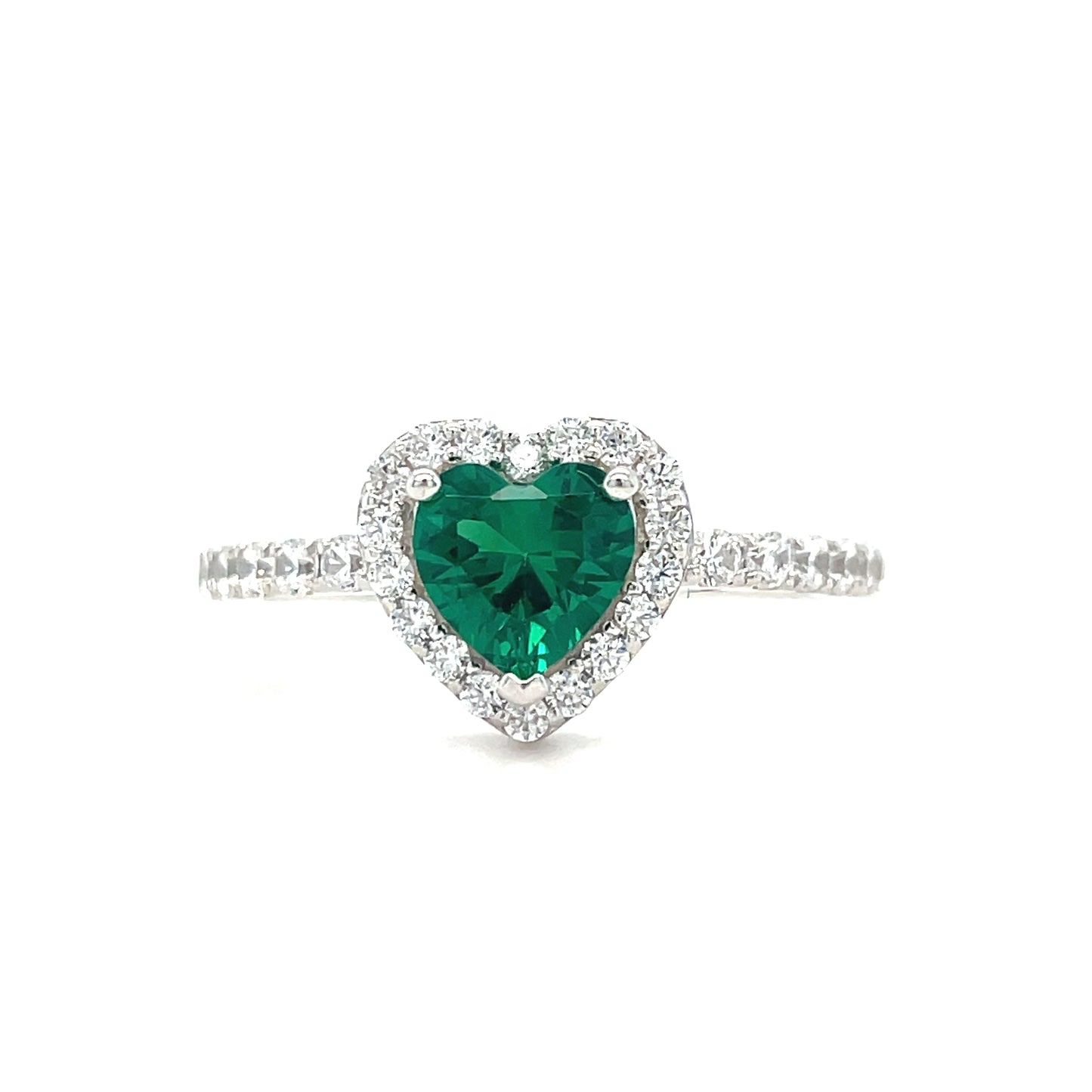 Sterling Silver Green CZ Heart Ring With White CZ Halo and Shoulders