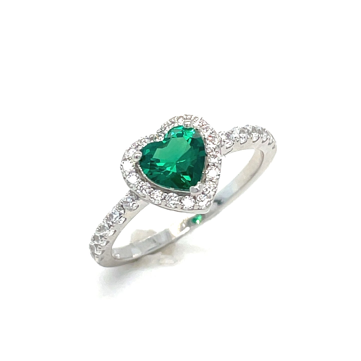 Sterling Silver Green CZ Heart Ring With White CZ Halo and Shoulders