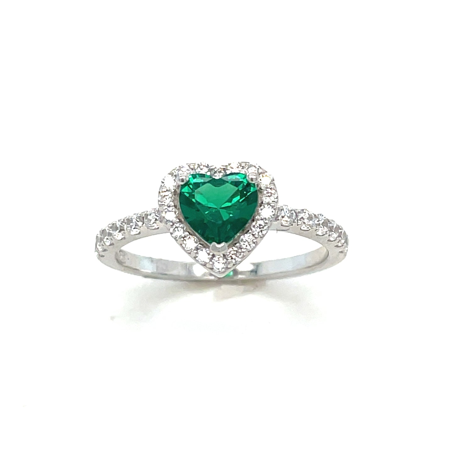 Sterling Silver Green CZ Heart Ring With White CZ Halo and Shoulders