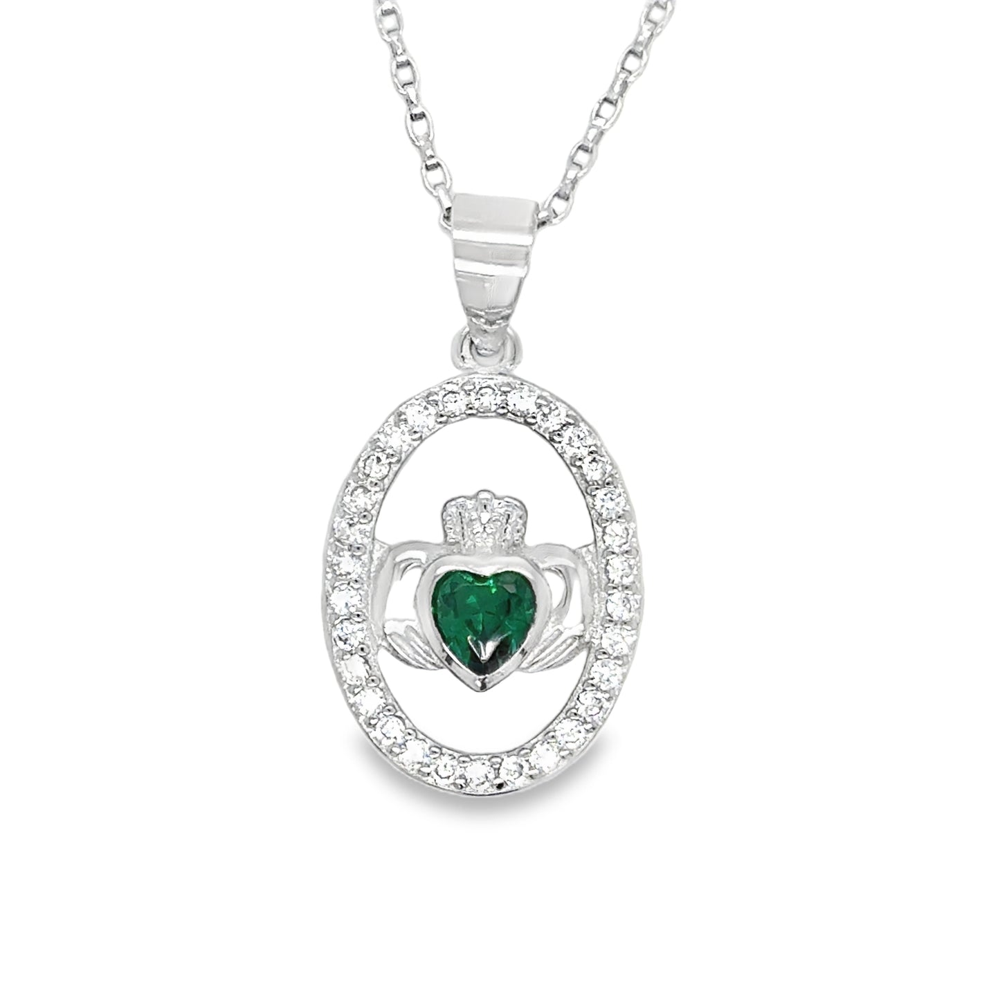 Sterling Silver Open Oval CZ Claddagh with Green CZ Centre