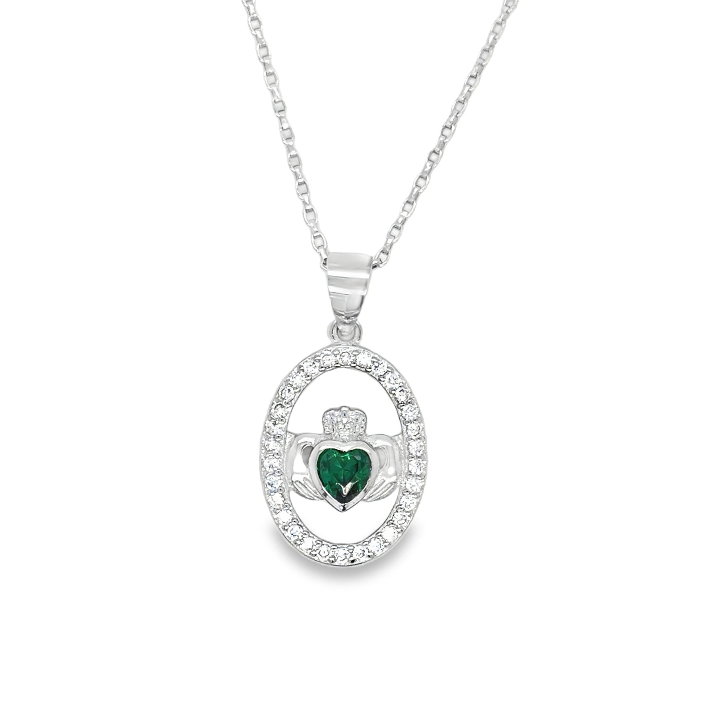 Sterling Silver Open Oval CZ Claddagh with Green CZ Centre