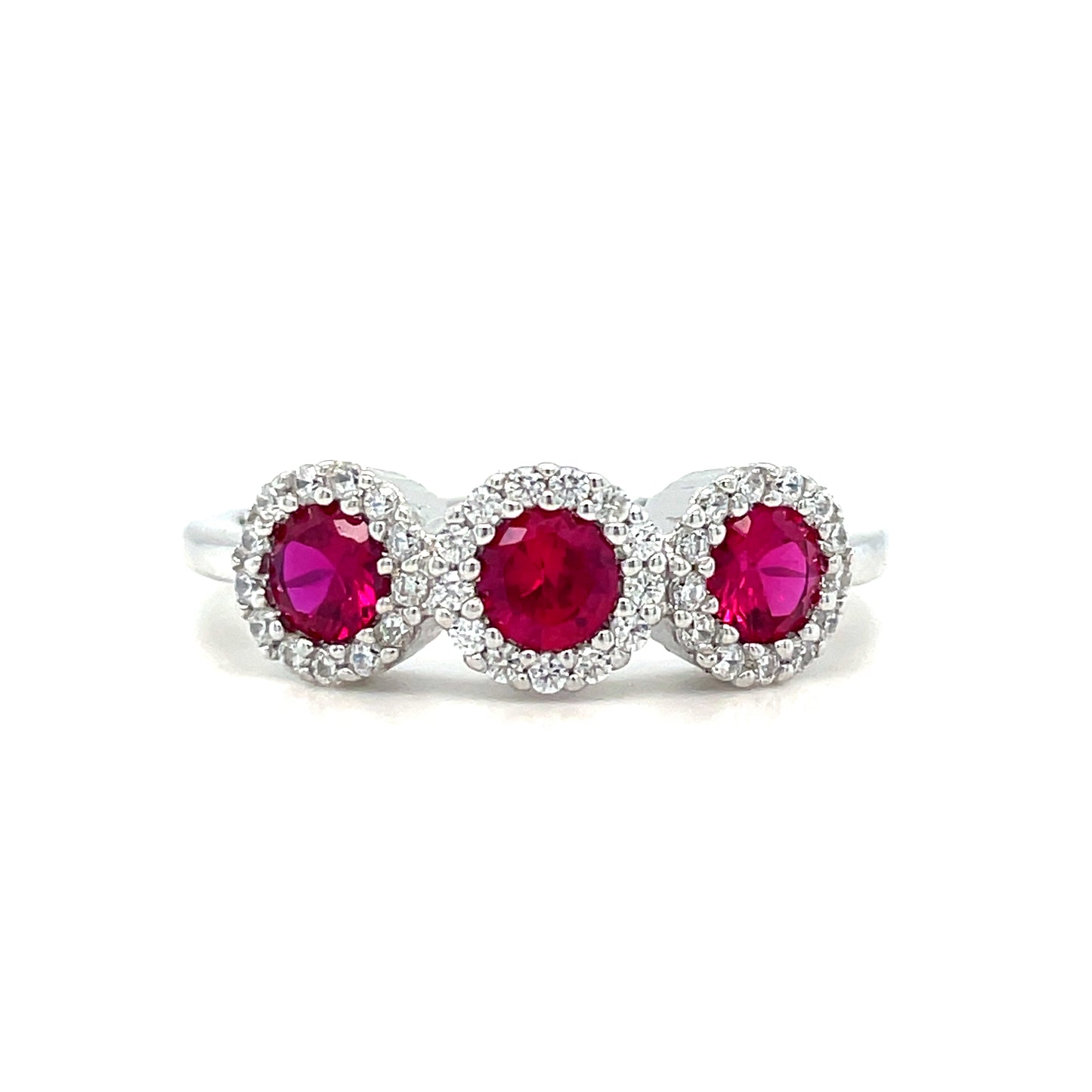 Sterling Silver Three Stone Red CZ Cluster Ring