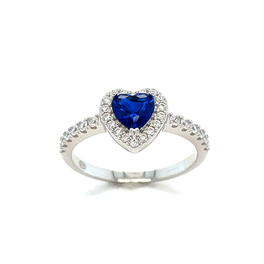 Sterling Silver Dark Blue CZ Heart Ring With CZ Halo