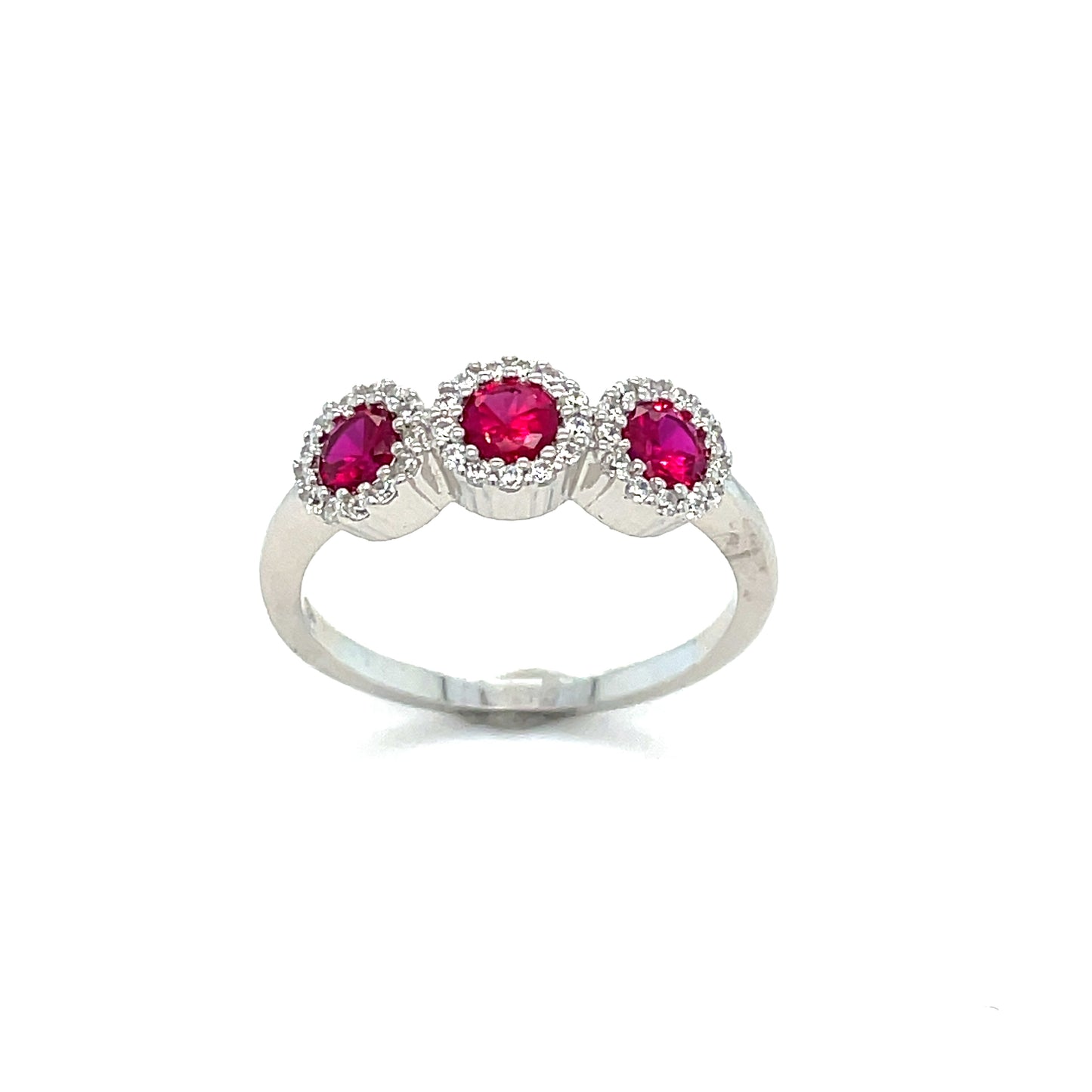 Sterling Silver Three Stone Red CZ Cluster Ring