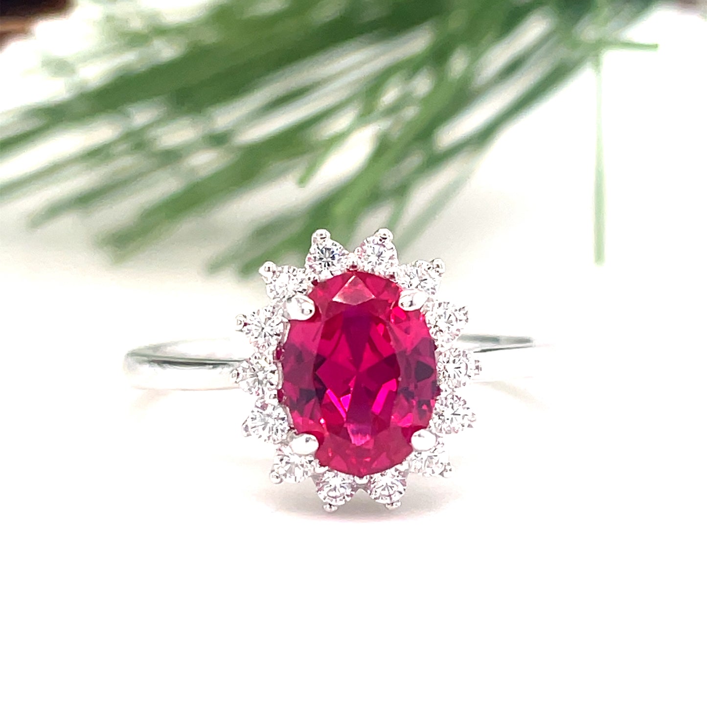 Sterling Silver Red Oval CZ halo set cluster ring