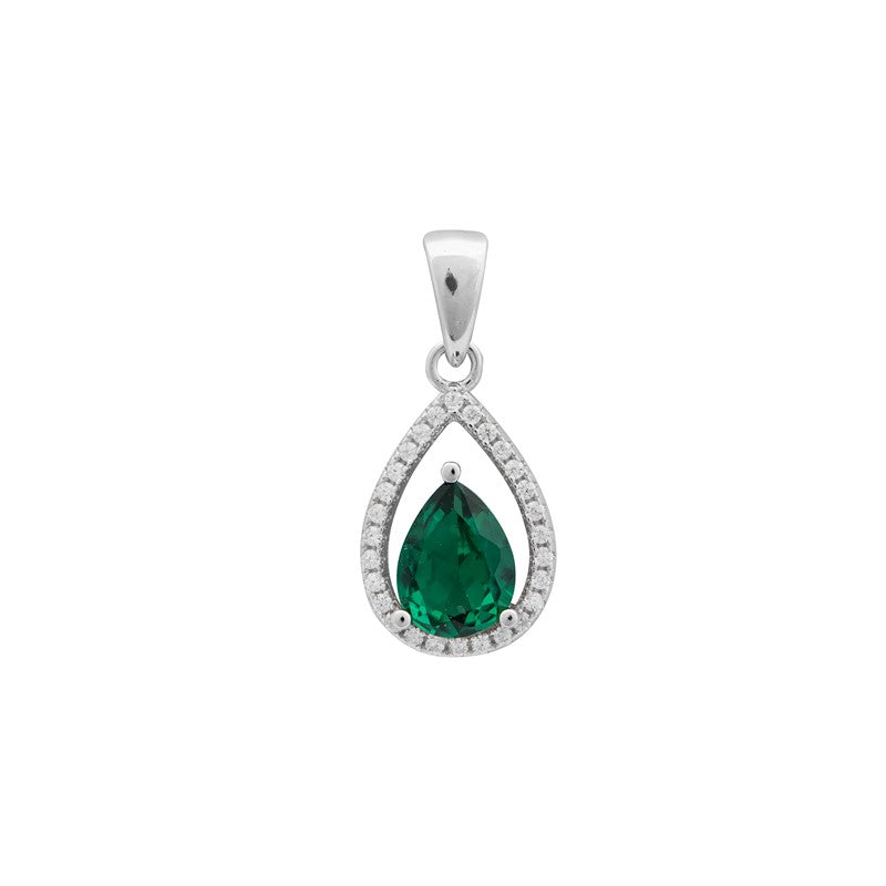 Sterling Silver Green Cubic Zirconia Pear Halo Pendant