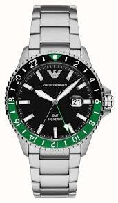 Gents Stainless Steel Armani Watch With Green and Black Bezel and Date