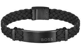 Hugo Boss Dylan Braided Black Leather and Stainless Steel Bracelet