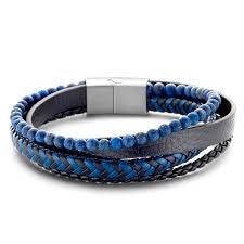 Frank 1967 Braided And Beaded Black and Blue Leather Bracelet