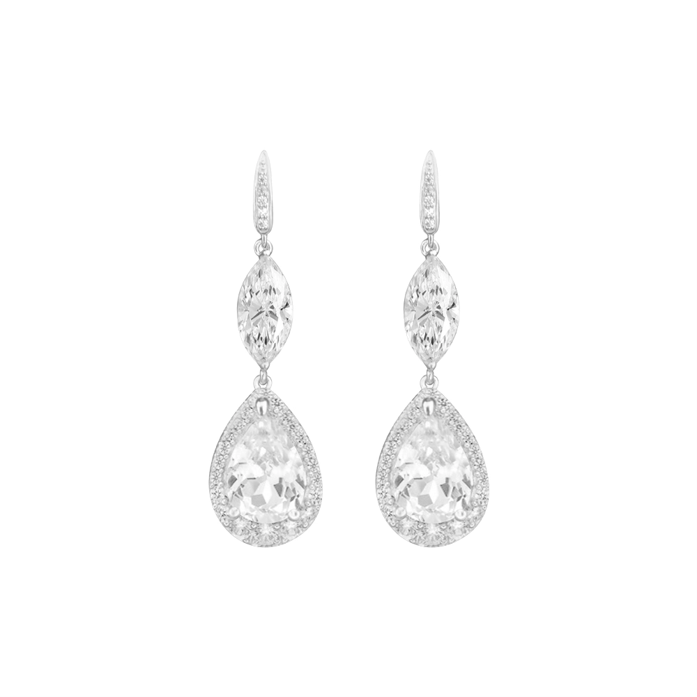 Sterling Silver Cubic Zirconia Pear and Marquis Cut Drop Earrings