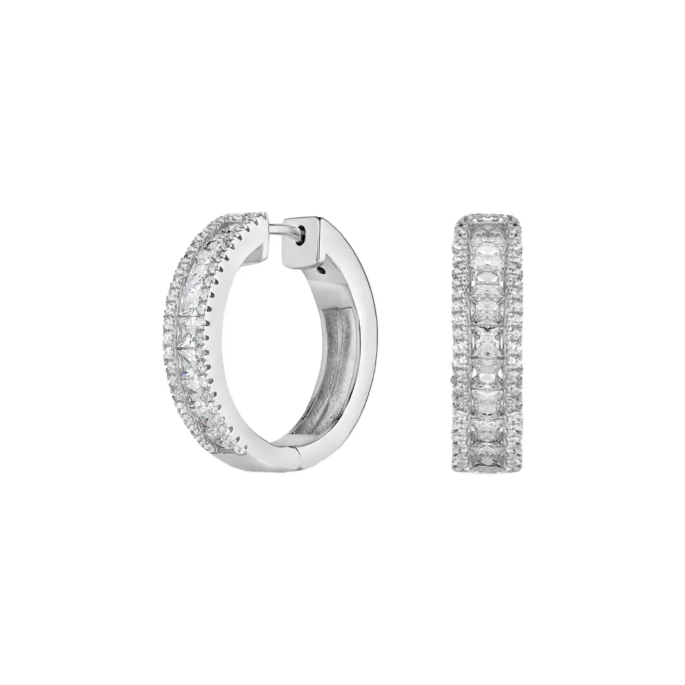 Sterling Silver Cubic Zirconia Sqaure Cut Centre With Round Edge Hoop Earrings