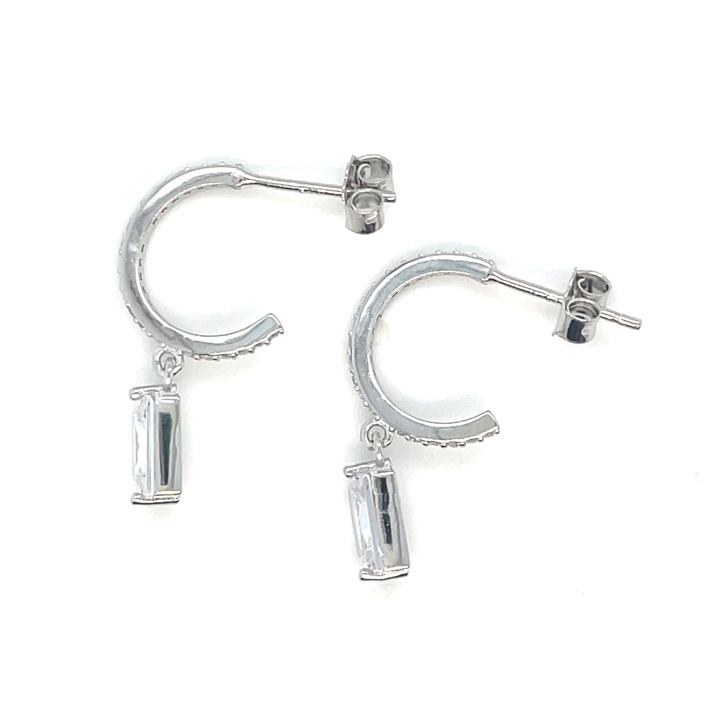 Sterling Silver CZ Set Huggy Earring with Emerald Cut CZ Drop