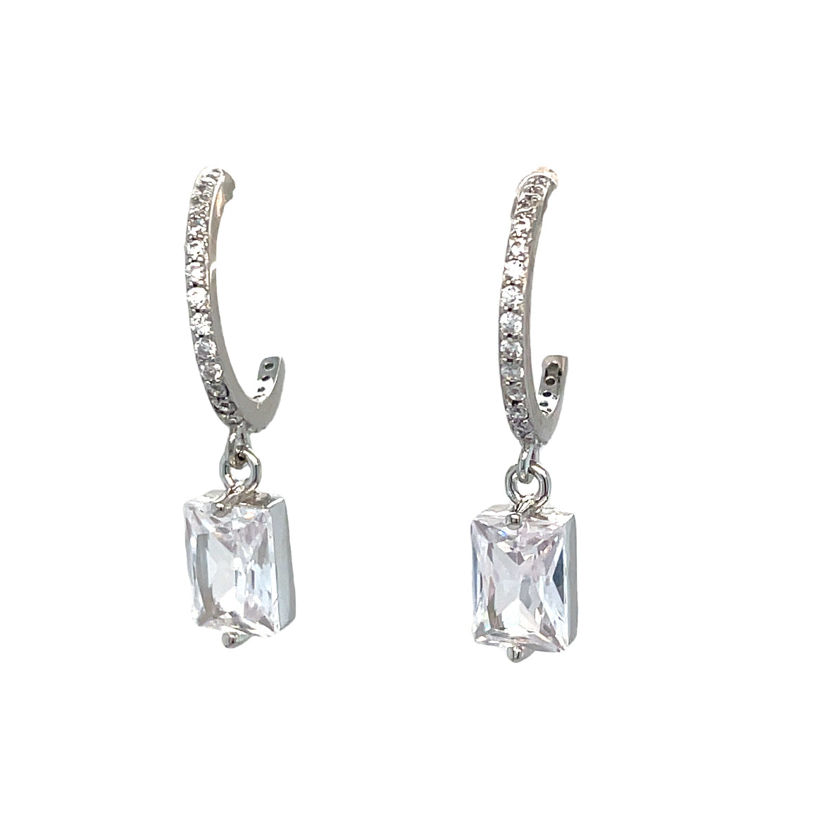 Sterling Silver CZ Set Huggy Earring with Emerald Cut CZ Drop