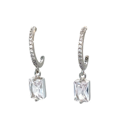 Sterling Silver CZ Set Huggy Earring with Emerald Cut CZ Drop