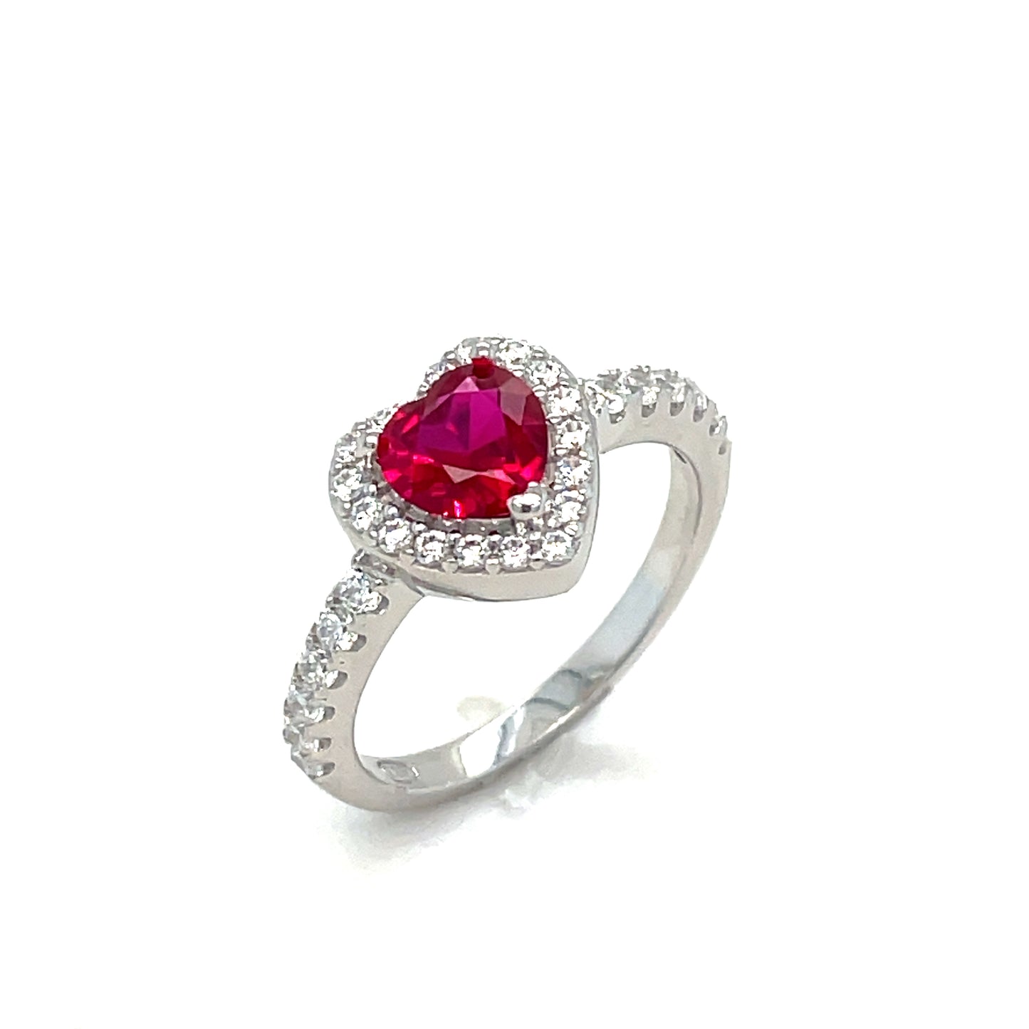 Sterling Silver Red Heart CZ Ring with White CZ Halo
