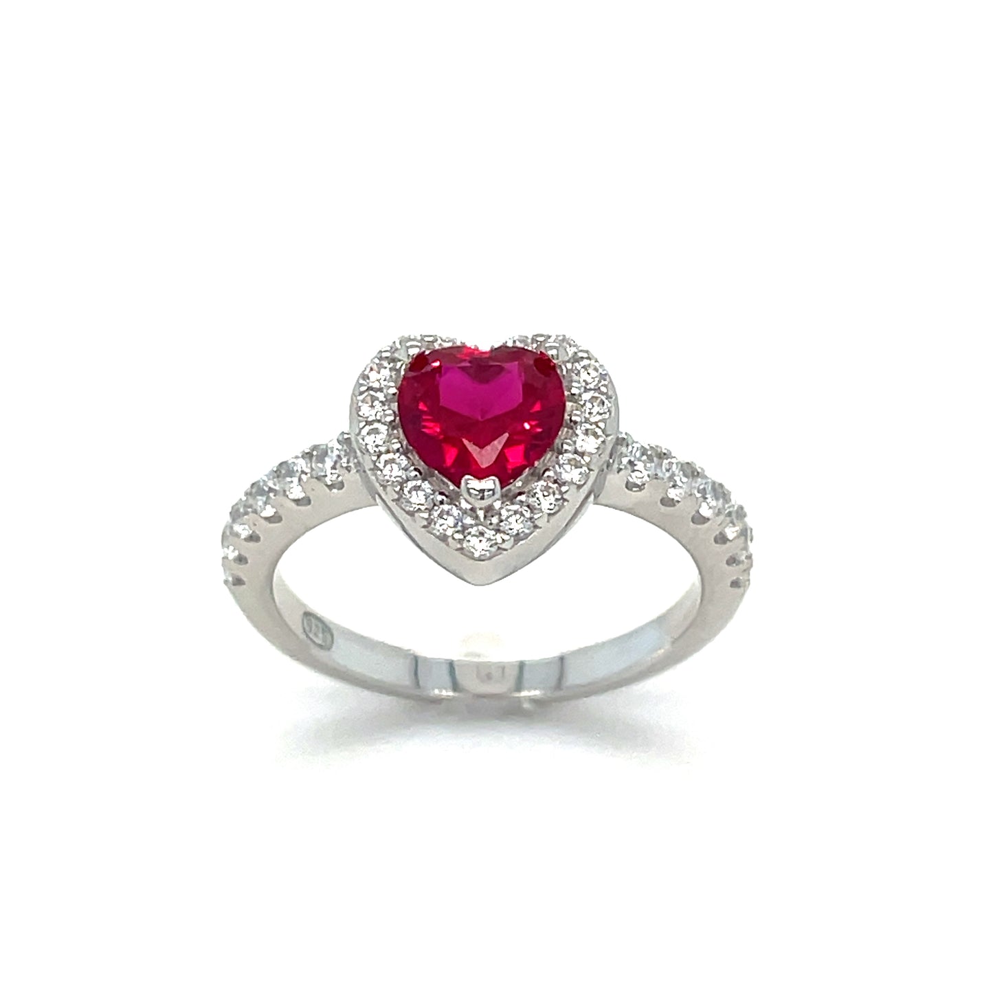 Sterling Silver Red Heart CZ Ring with White CZ Halo