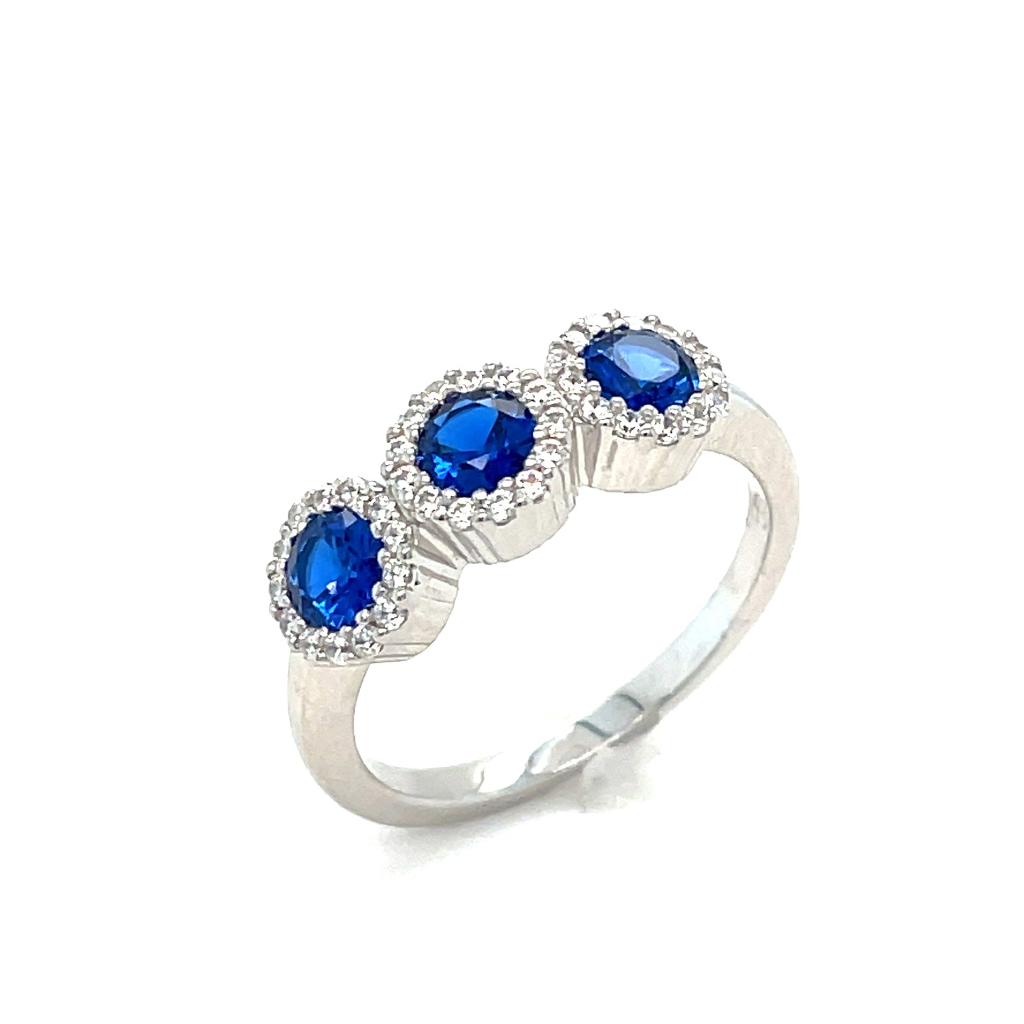 Sterling Silver Three Stone Round Blue CZ with Halo