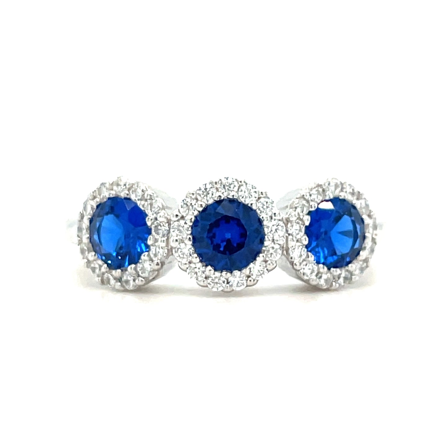 Sterling Silver Three Stone Round Blue CZ with Halo