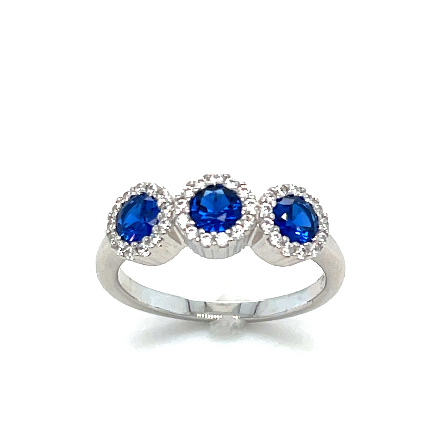 Sterling Silver Three Stone Round Blue CZ with Halo