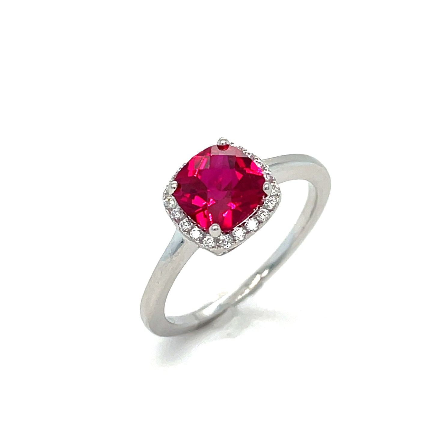 Sterling Silver Cushion Cut Red CZ Ring with WHite CZ Halo