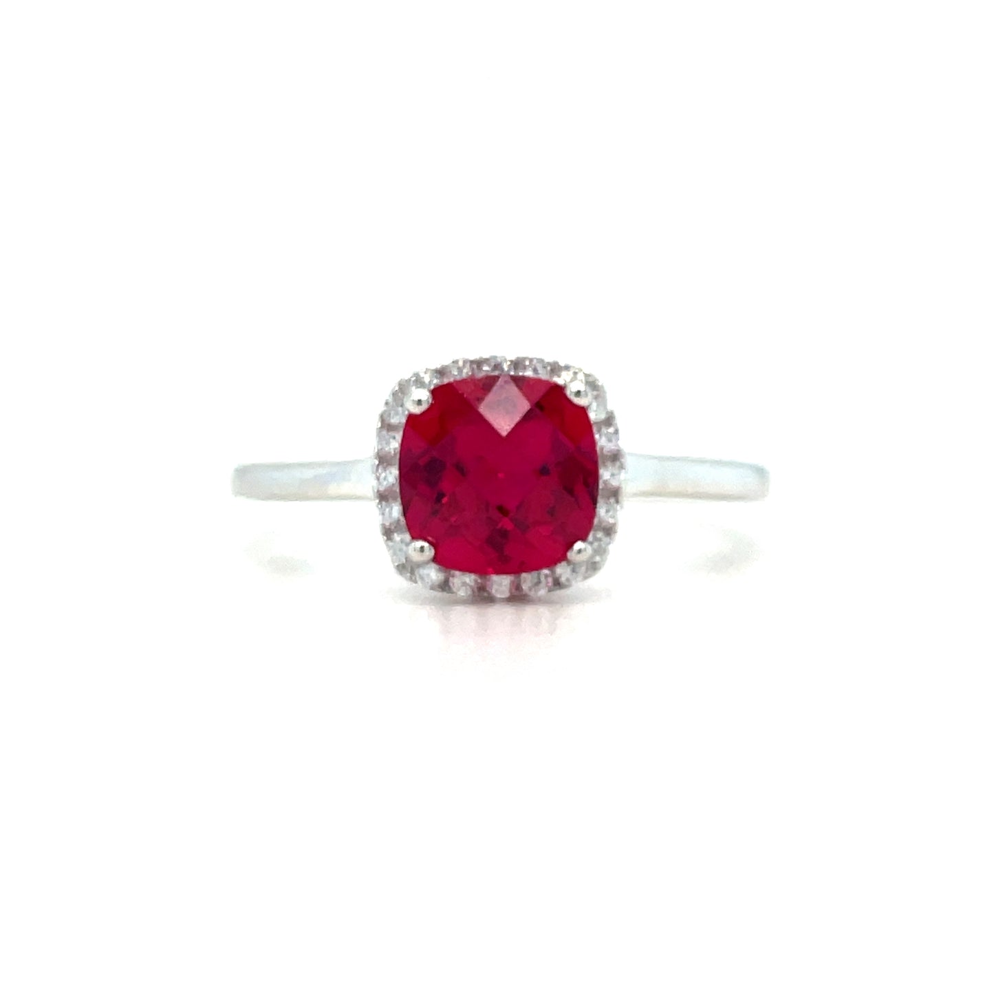 Sterling Silver Cushion Cut Red CZ Ring with WHite CZ Halo